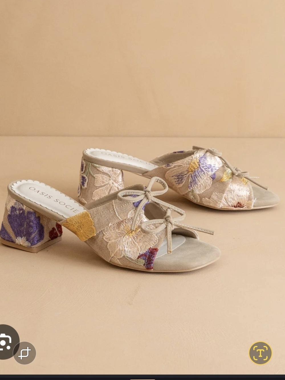 Oasis Society Beige Floral Embroidered Block Heel Mules